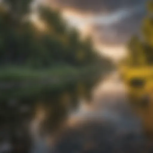 A serene view of the Bighorn River at sunrise, showcasing its tranquil waters