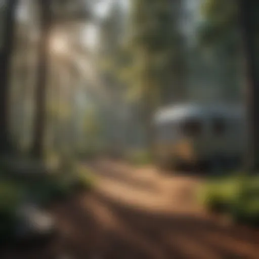 Scenic view of a tranquil campground surrounded by tall trees