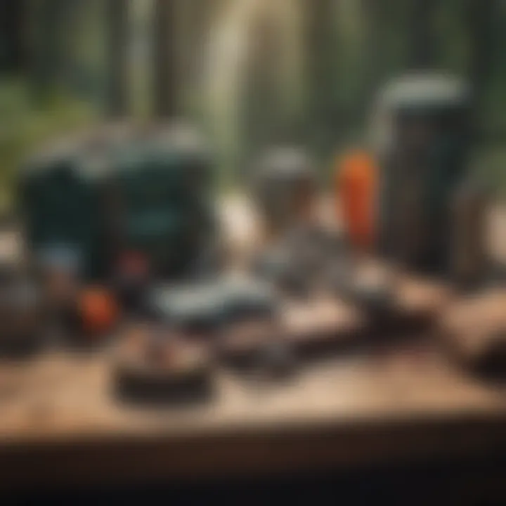 Essential hiking gear laid out on a wooden picnic table