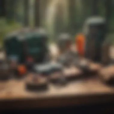 Essential Hiking Gear Essential hiking gear laid out on a wooden picnic table