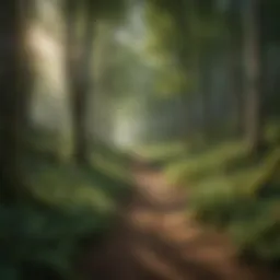 Lush green forest trail surrounded by towering trees