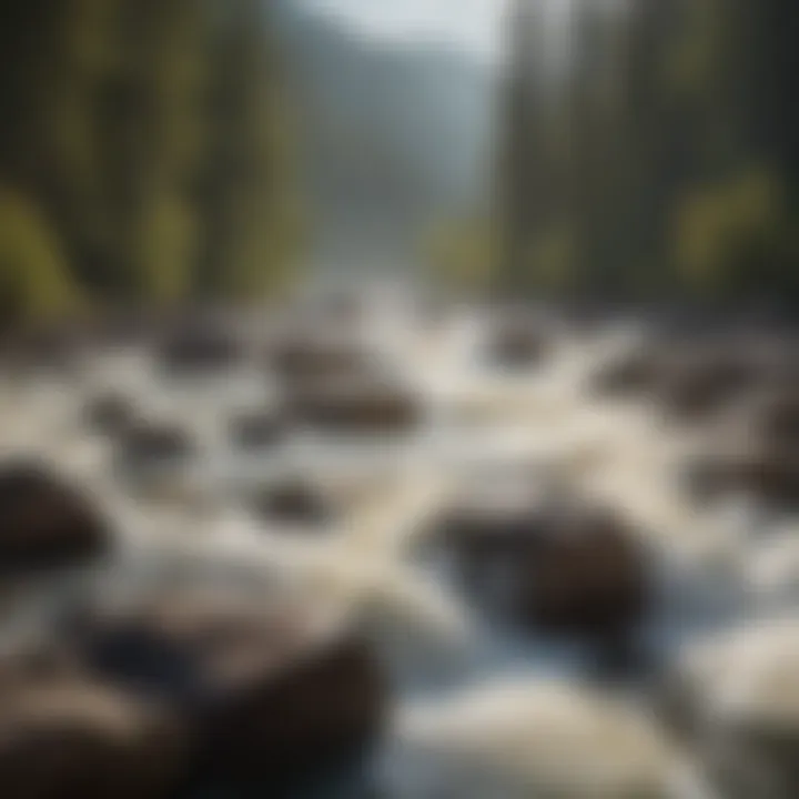 Close-up of whitewater rapids with swirling water and rocks