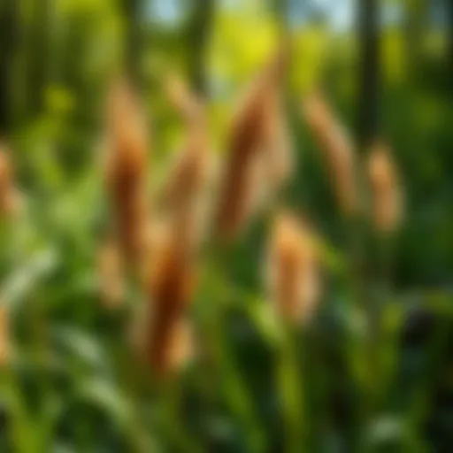 Close-up view of Johnsongrass seed heads in a lush forest setting