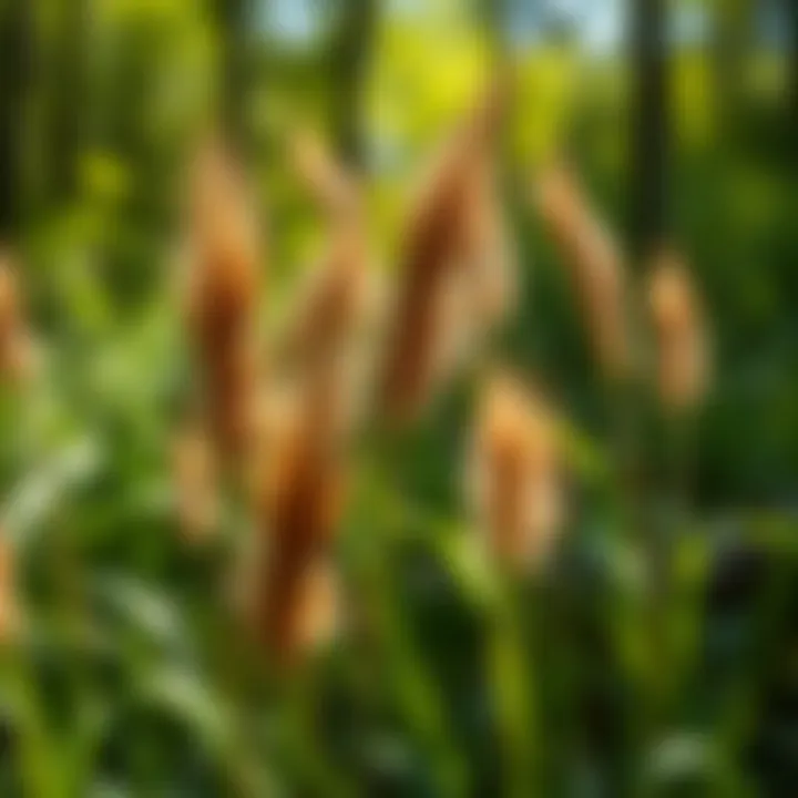 Close-up view of Johnsongrass seed heads in a lush forest setting
