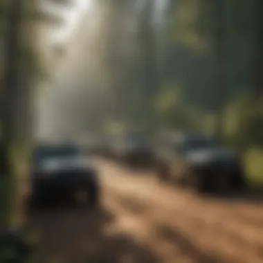 A group of off-road vehicles parked at a trailhead with a forest backdrop