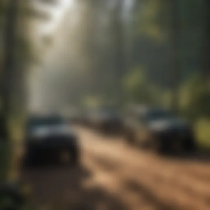 A group of off-road vehicles parked at a trailhead with a forest backdrop