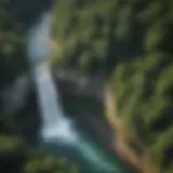 Aerial view of a majestic waterfall cascading through lush greenery