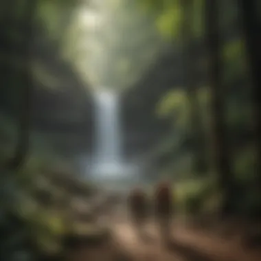 Hikers Journeying to a Hidden Waterfall Hikers exploring a scenic trail leading to a hidden waterfall