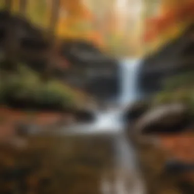 Tranquil Waterfall Amidst Autumn Colors A tranquil scene of a waterfall surrounded by vibrant autumn foliage