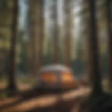 A cozy campsite set up under a canopy of pine trees