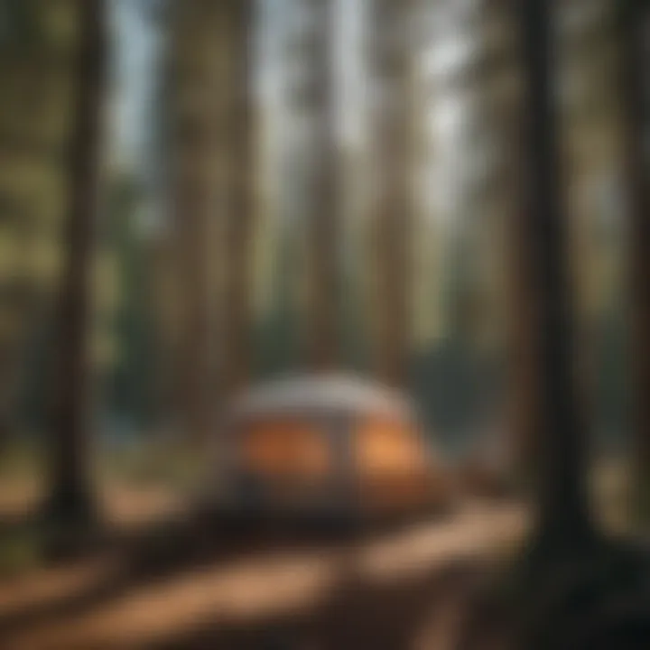 A cozy campsite set up under a canopy of pine trees