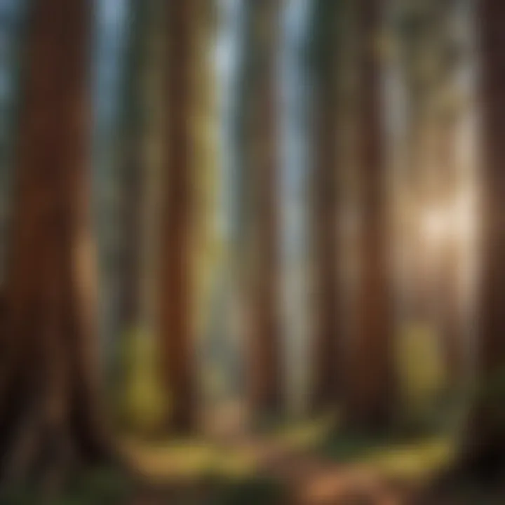 A panoramic view of a grove filled with giant sequoias