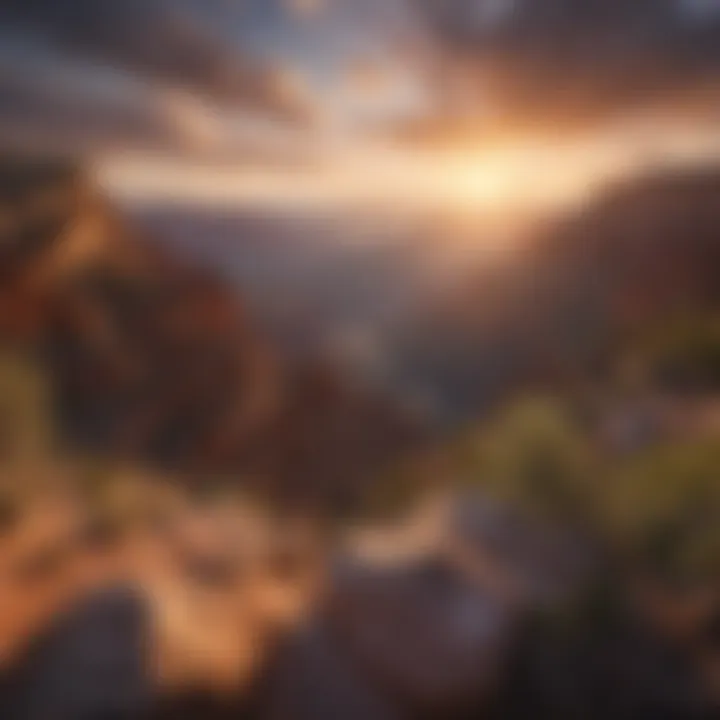 A breathtaking view of the Grand Canyon at sunrise, featuring vibrant colors illuminating the rock formations.