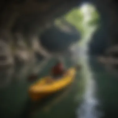 Kayaker navigating through narrow cave passages