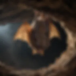 A close-up of an Indiana bat hanging upside down in a cave.