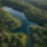 Aerial view of a serene island lake surrounded by lush greenery