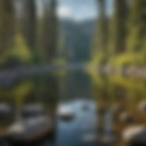 A panoramic view of Lake Tahoe surrounded by lush forests