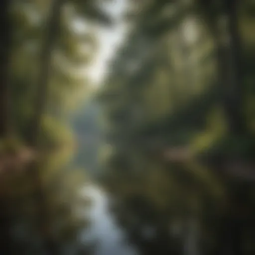 A serene landscape of Camp Hickory surrounded by lush trees and a tranquil lake