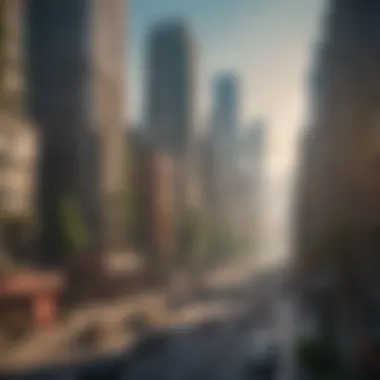 A bustling urban landscape with skyscrapers and pollution.