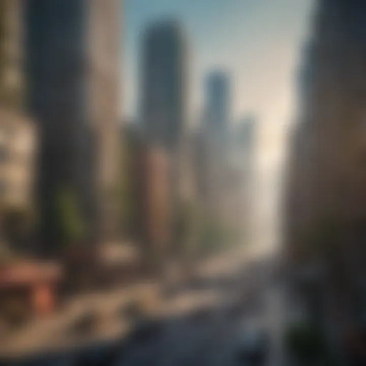 A bustling urban landscape with skyscrapers and pollution.