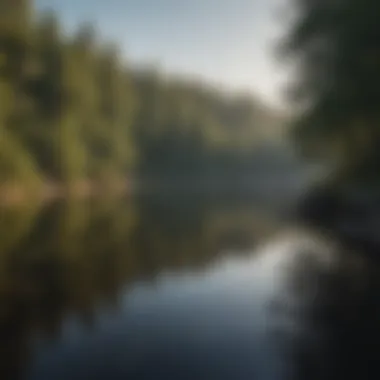 A tranquil lake nestled within a Virginia camping area at dusk