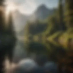 A serene wilderness lake surrounded by lush greenery and mountainous terrain