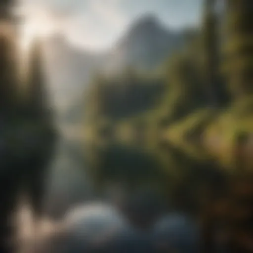 A serene wilderness lake surrounded by lush greenery and mountainous terrain