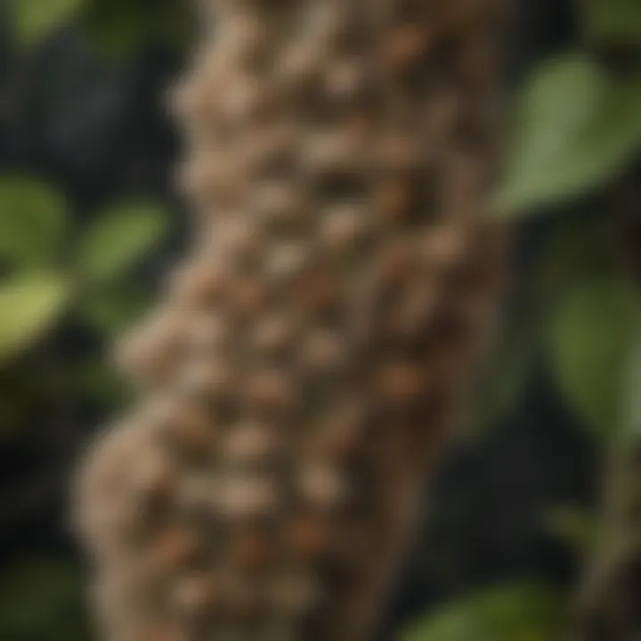 An intricate pattern of gypsy moth caterpillars feeding on leaves