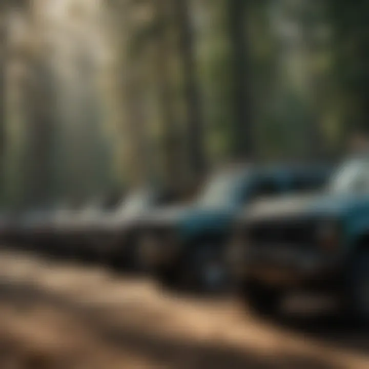A variety of U.S. Forest Service vehicles lined up for auction, emphasizing their utility.