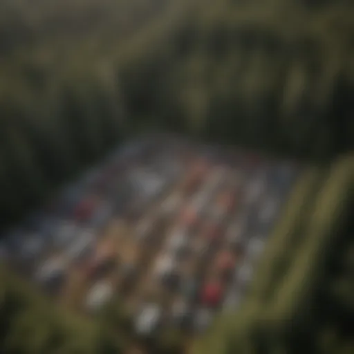 An aerial view of a U.S. Forest Service vehicle auction site showcasing diverse vehicles.