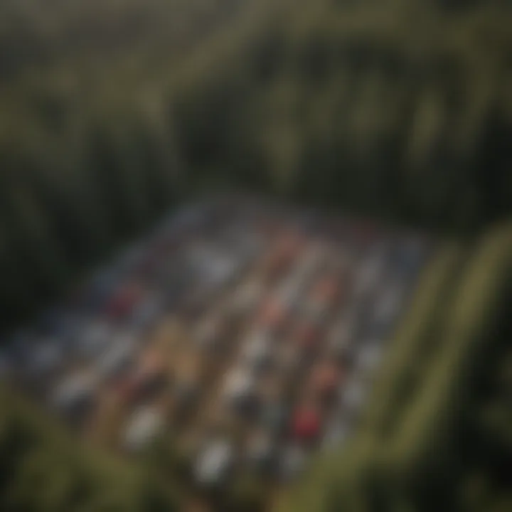 An aerial view of a U.S. Forest Service vehicle auction site showcasing diverse vehicles.
