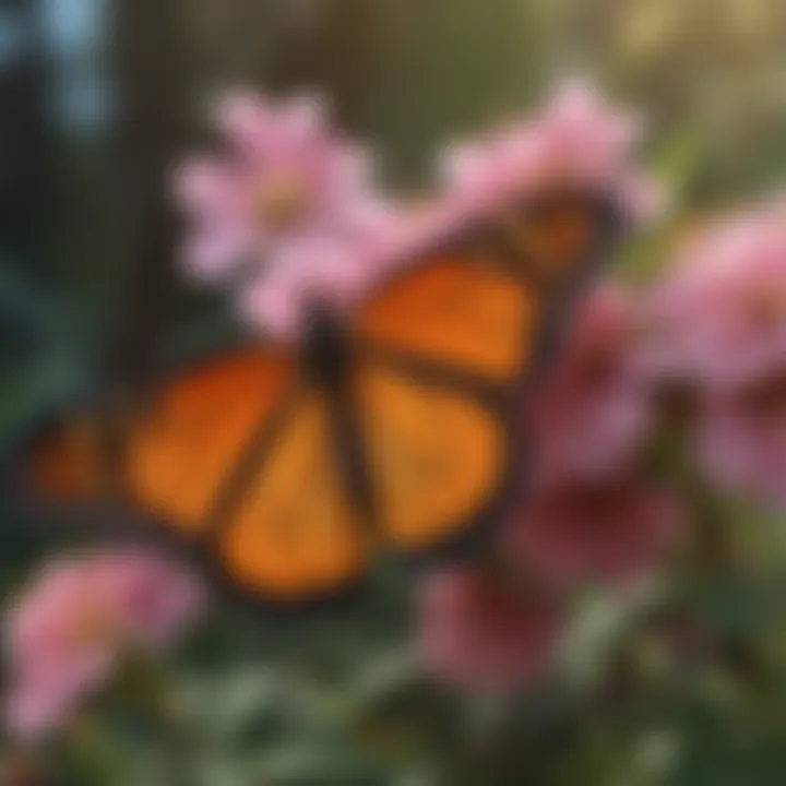 A vibrant monarch butterfly perched on a blooming flower