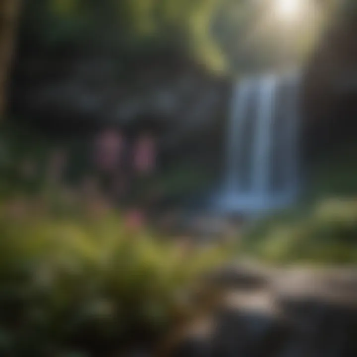 Close-up view of delicate wildflowers blooming near a waterfall