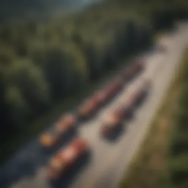 Aerial view of wildland brush trucks lined up for display at a dealership