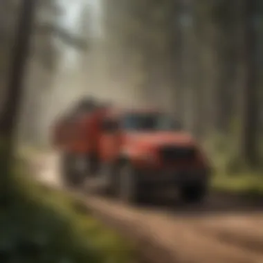 A rugged wildland brush truck navigating through dense forest terrain