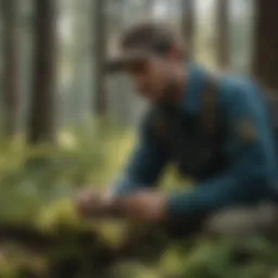 Wildlife biologist examining plant life in Michigan forest