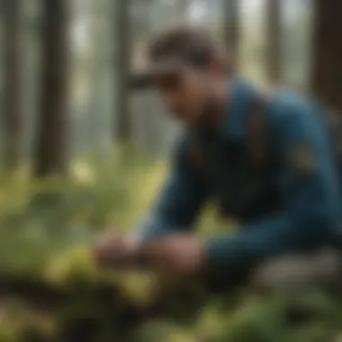 Wildlife Biologist in Forest Wildlife biologist examining plant life in Michigan forest
