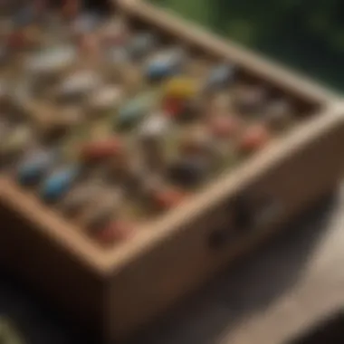 Elegant Fly Fishing Flies Laid Out on Vintage Wooden Box