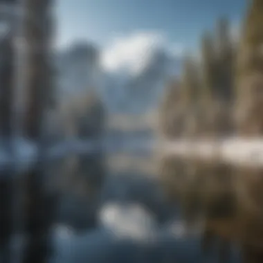 Snow-capped mountains overlooking a frozen lake in Yosemite