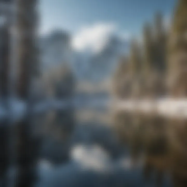 Snow-capped mountains overlooking a frozen lake in Yosemite