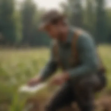 A farmer inspecting sticky moth traps in a field.