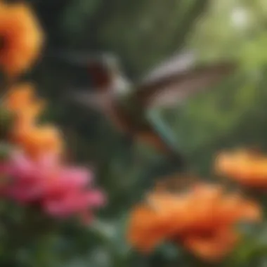 Hummingbird hovering near a vibrant flower for nectar