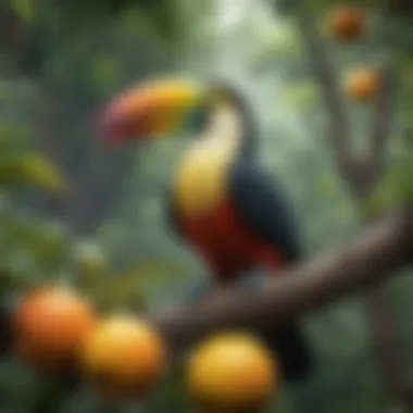 Colorful toucan perched on a fruit tree branch