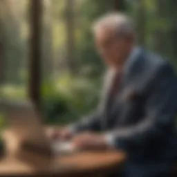 Elderly gentleman in a suit looking at a laptop