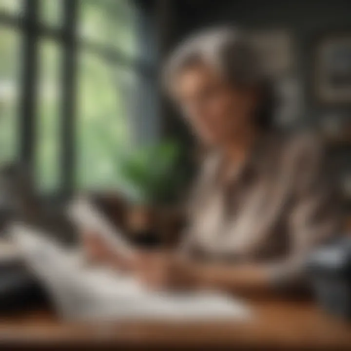 Mature woman in an office setting reading a job description