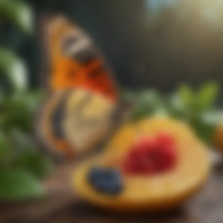 Butterfly feeding on a slice of fresh fruit