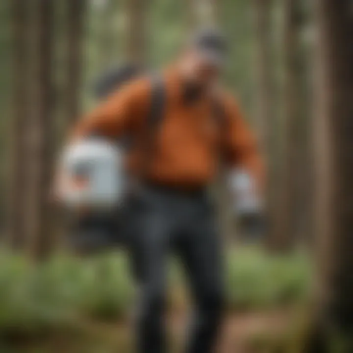 Illustration of a user inspecting and maintaining a backpack sprayer