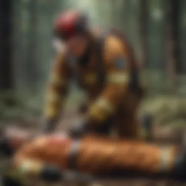 Firefighter providing first aid to an injured individual