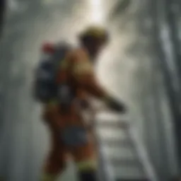 Firefighter in full gear training with ladder