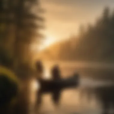 Scenic Sunset Fishing Expedition on the River Fishing Boat Silhouetted Against Setting Sun